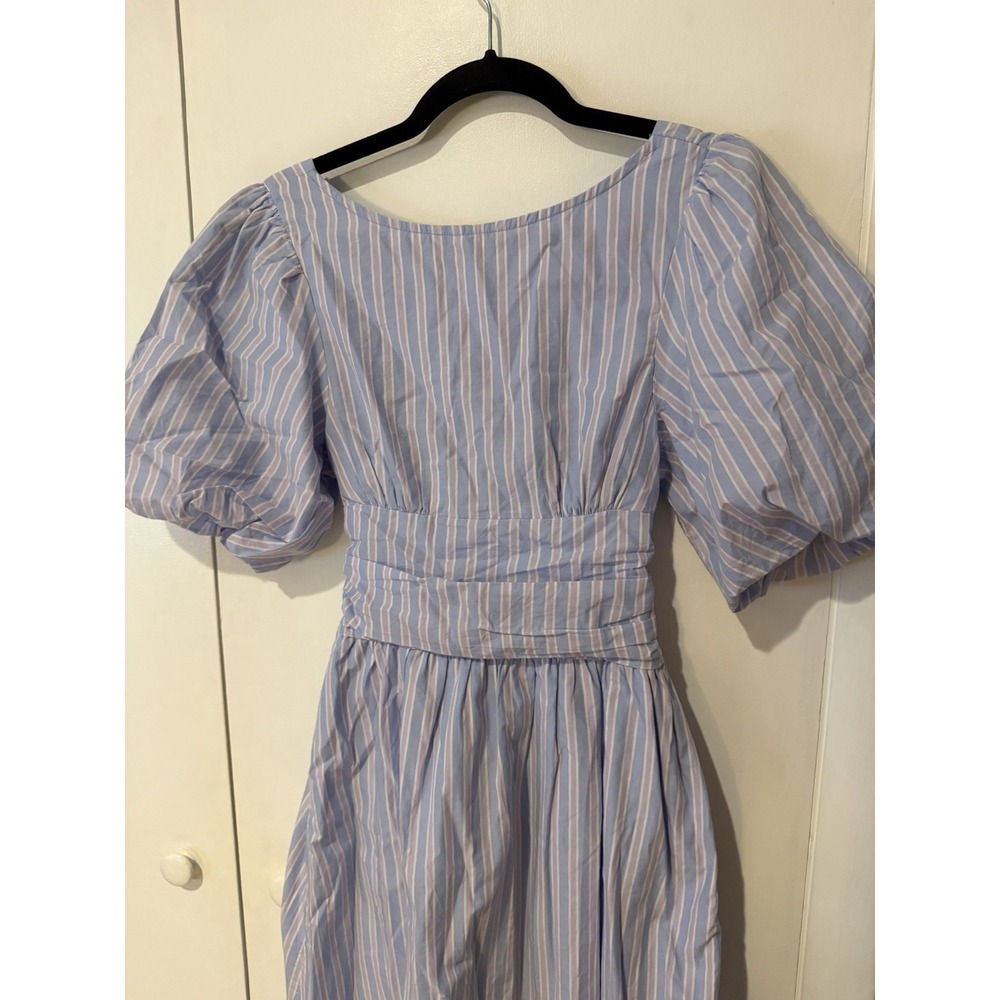 Twik Simons Blue Pink Stripe Long Dress Size Small Low V Back Puff Sleeve